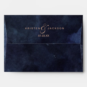 Navy Blue Watercolor & Rose Gold Wedding Monogram Envelope