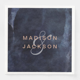 Navy Blue Watercolor & Rose Gold Wedding Monogram Napkin