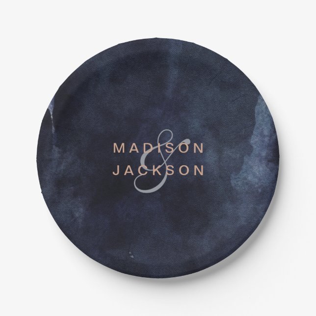 Navy Blue Watercolor & Rose Gold Wedding Monogram Paper Plate (Front)