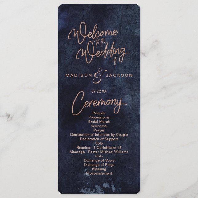 Navy Blue Watercolor & Rose Gold Wedding Program (Front)