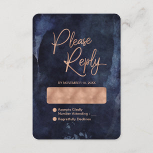 Navy Blue Watercolor Rose Gold Wedding Reply RSVP Card