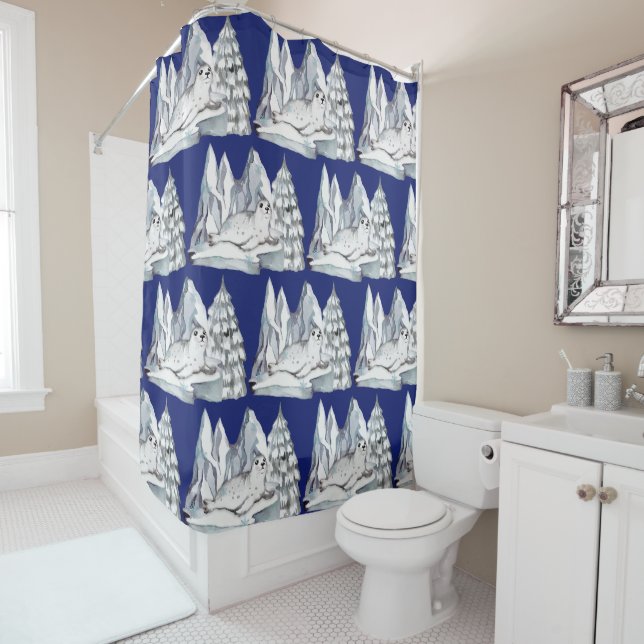 Navy Blue Watercolor Seal Pine Trees Snowflakes Shower Curtain (In Situ)