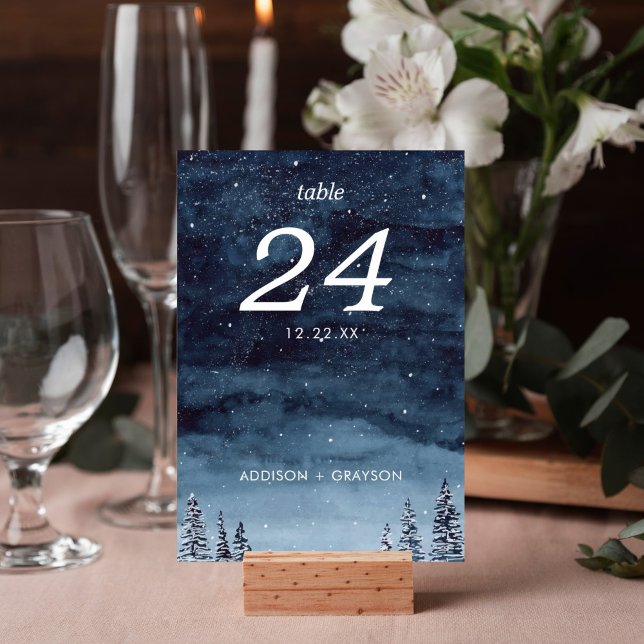 Navy Blue Watercolor Snow Wintery Table Number (Winter Wonderland Snow Navy Night Watercolor table number card for your reception decor.)