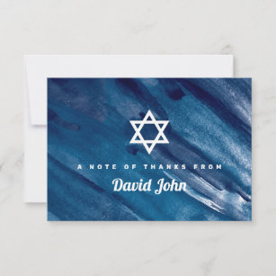 Navy Blue Watercolor Star of David Bar Mitzvah Thank You Card
