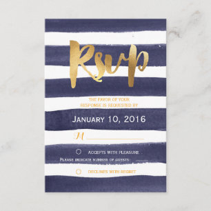 Navy Blue Watercolor Stripes Gold Wedding RSVP Card