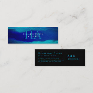 Navy Blue Watercolor Wavy Abstract Monogram Mini Business Card