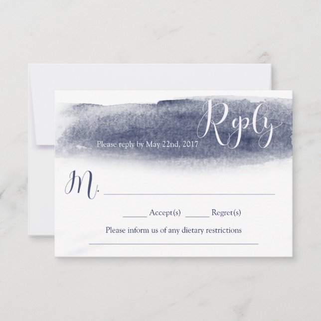 Navy Blue Watercolor Wedding Reply Card (Front)