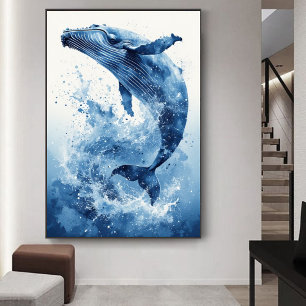 Navy Blue Watercolor Whale Beach Nursery Wall Art