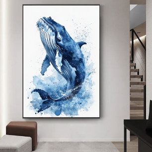 Navy Blue Watercolor Whale Beach Nursery Wall Art