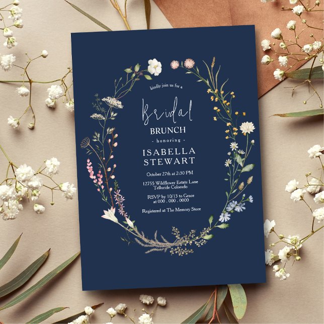 Navy Blue Watercolor Wildflower Bridal Brunch Invitation (Creator Uploaded)
