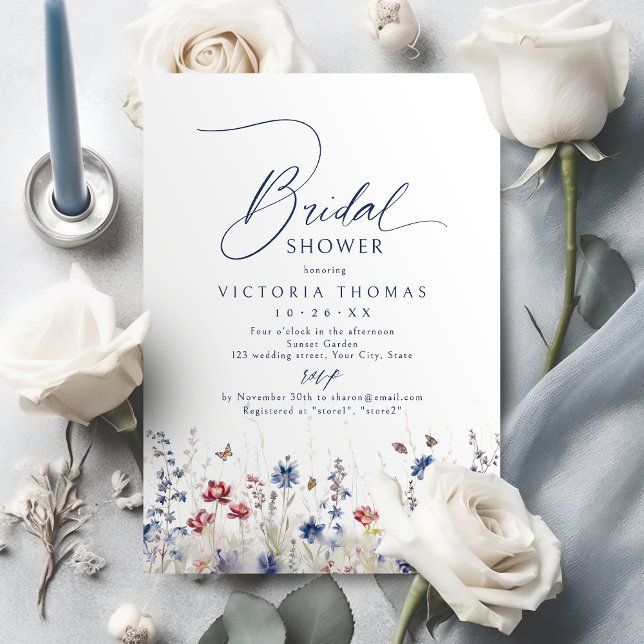 Navy Blue Watercolor Wildflower Bridal Shower Invitation (Navy Blue Watercolor Wildflower Bridal Shower Invitation)