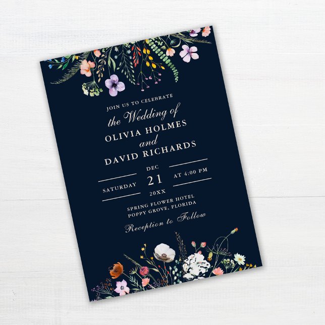 Navy Blue Watercolor Wildflower Meadow Wedding Invitation (Navy Blue Watercolor Wildflower Meadow Wedding Invitation on white wooden table.)