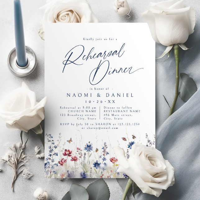 Navy Blue Watercolor Wildflower Rehearsal Dinner Invitation (Navy Blue Watercolor Wildflower Rehearsal Dinner Invitation)