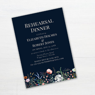 Navy Blue Watercolor Wildflower Rehearsal Dinner Invitation