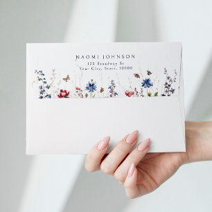 Navy Blue Watercolor Wildflower Rustic Wedding Envelope