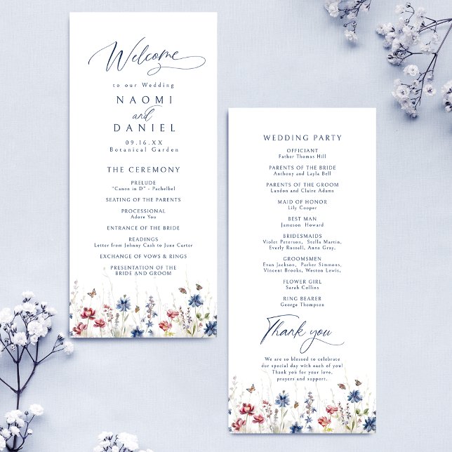 Navy Blue Watercolor Wildflower Rustic Wedding Menu (Navy Blue Watercolor Wildflower Rustic Wedding Menu)
