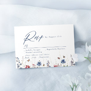 Navy Blue Watercolor Wildflower Rustic Wedding RSVP Card