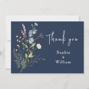 Navy Blue Watercolor Wildflower Theme Wedding Thank You Card