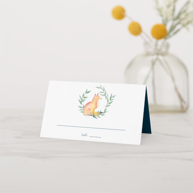 Navy Blue Watercolor Woodland Fox Place Card (Front)