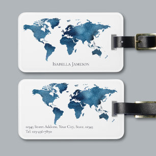 Navy Blue Watercolor World Map Personalised Luggage Tag