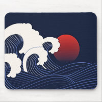 Navy Blue Wave with Red Moon