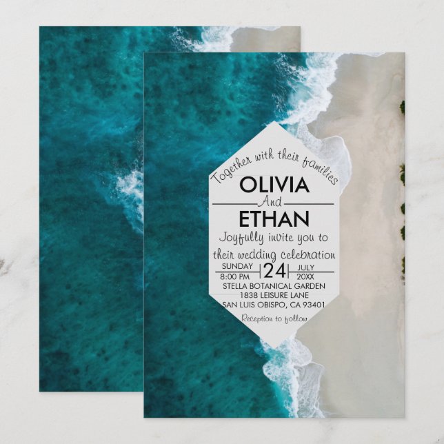 Navy blue waves coastal Wedding Invitation (Front/Back)