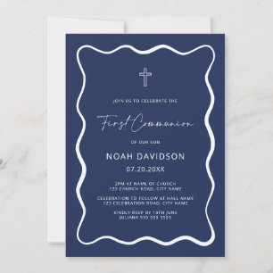 Navy Blue Wavy Communion Invites