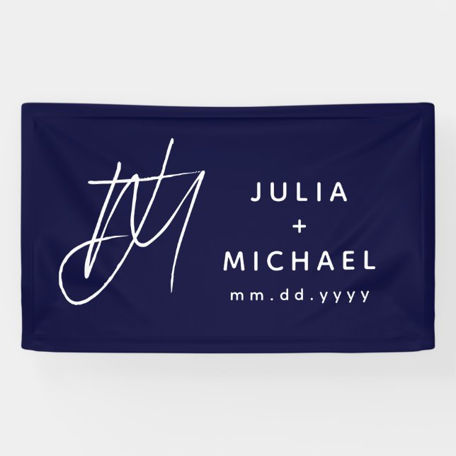 Navy Blue Wedding Banner with Monogram and Date (Horizontal)