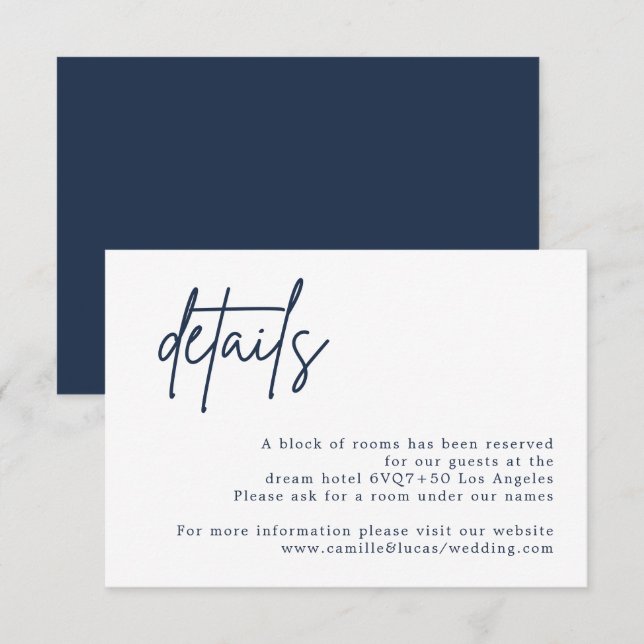 Navy Blue Wedding Details card (Front/Back)