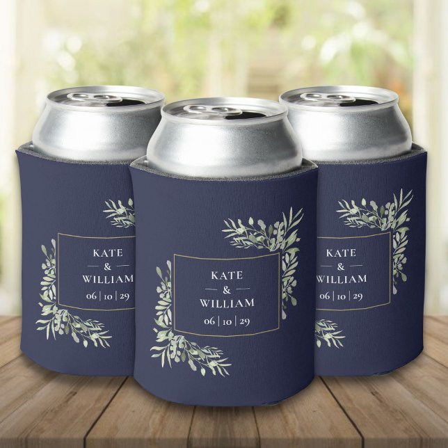 Navy Blue Wedding Greenery Foliage Can Cooler (Navy Blue Wedding Greenery Foliage Can Cooler)