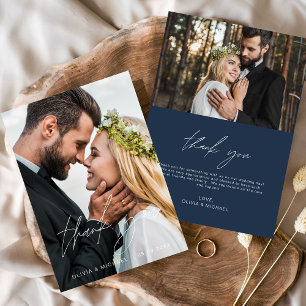 Navy Blue Wedding Handwritten Thank You 2 Photos  Card