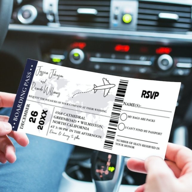 Navy blue Wedding invitation Boarding pass ticket (Creator Uploaded)