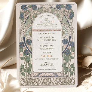 Navy Blue Wedding Invitations Art Nouveau Mucha