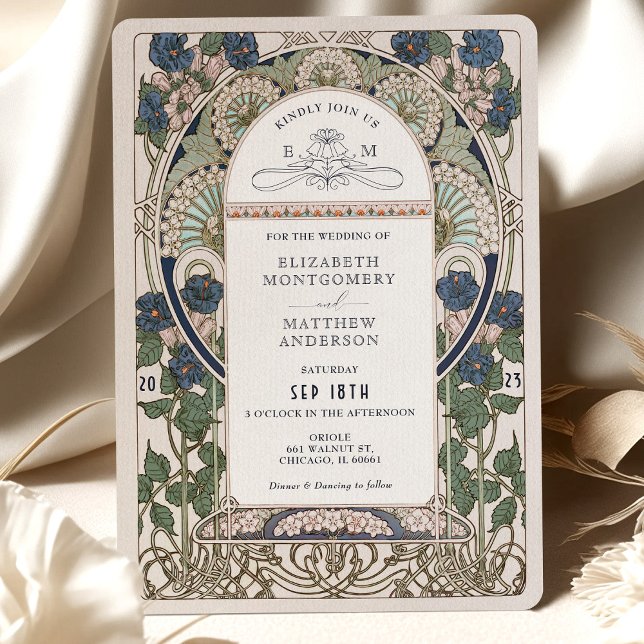 Navy Blue Wedding Invitations Art Nouveau Mucha (Creator Uploaded)