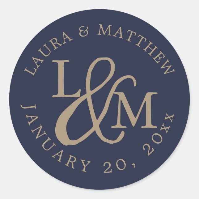 Navy Blue Wedding Monogram Classic Round Sticker (Front)