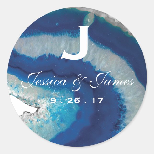 Navy Blue Wedding Monogram Date | Agate Classic Round Sticker (Front)