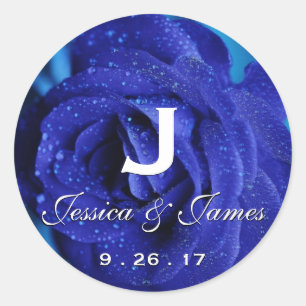 Navy Blue Wedding Monogram Date Rose Classic Round Sticker