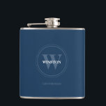 Navy Blue Wedding Monogram Groomsmen Hip Flask<br><div class="desc">Personalised this flask with the monogram and name for the groomsmen. Black and white,  classic,  simple and modern with an area to include the bride and groom's names and wedding date on the back. Easy to personalise and customise. Elegant and trendy Navy Blue flask..</div>