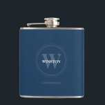 Navy Blue Wedding Monogram Groomsmen Hip Flask<br><div class="desc">Personalised this flask with the monogram and name for the groomsmen. Black and white,  classic,  simple and modern with an area to include the bride and groom's names and wedding date on the back. Easy to personalise and customise. Elegant and trendy Navy Blue flask..</div>