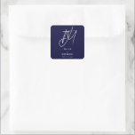 Navy Blue Wedding Monogram Square Sticker<br><div class="desc">Add a touch of elegance to your wedding favours or decorations with these personalised navy blue square stickers. Featuring a large brush script two initial monogram with the couple’s name and date in sans serif font,  these stickers are perfect for adding a personal touch to your special day.</div>