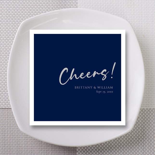 Navy Blue Wedding Napkins with Silver Cheers (Personalized Navy Blue Wedding Napkins with Silver Cheers )