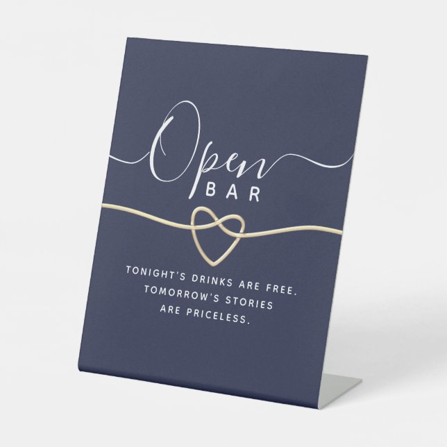 Navy Blue Wedding Open Bar Pedestal Sign (Front)