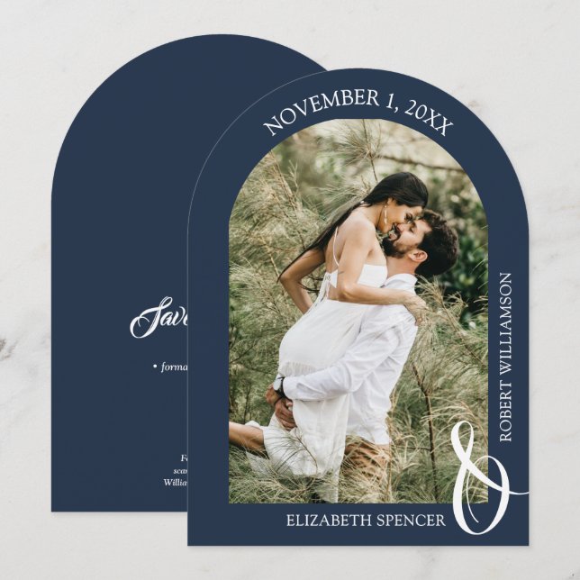 Navy Blue Wedding Photo QR Code Save the Date (Front/Back)