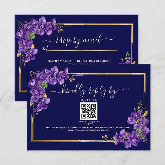 Navy Blue Wedding RSVP Violets Gold Frame Card (Front/Back)