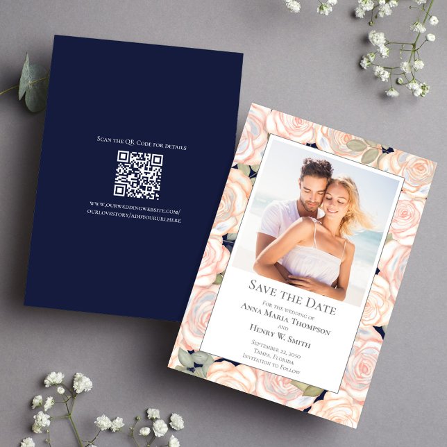 Navy Blue Wedding Save the Date Floral Photo (Navy blue wedding save the date photo card. With a scannable QR code.)
