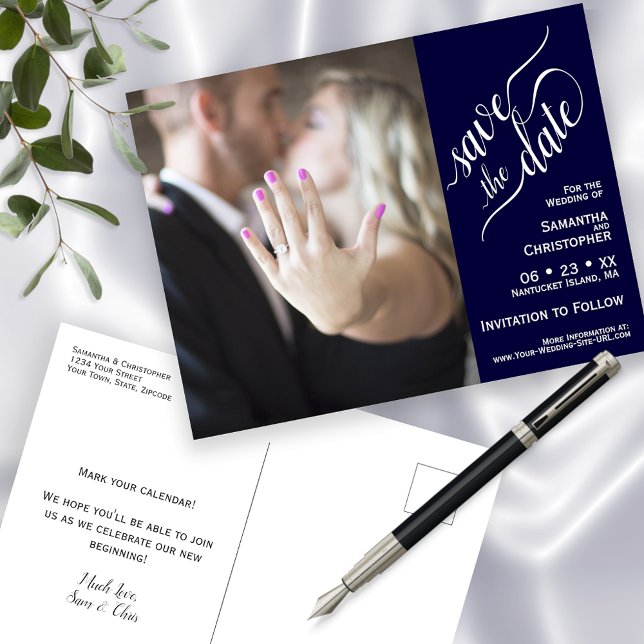 Navy Blue Wedding Save the Date Photo Calligraphy Announcement Postcard (Front and Back)