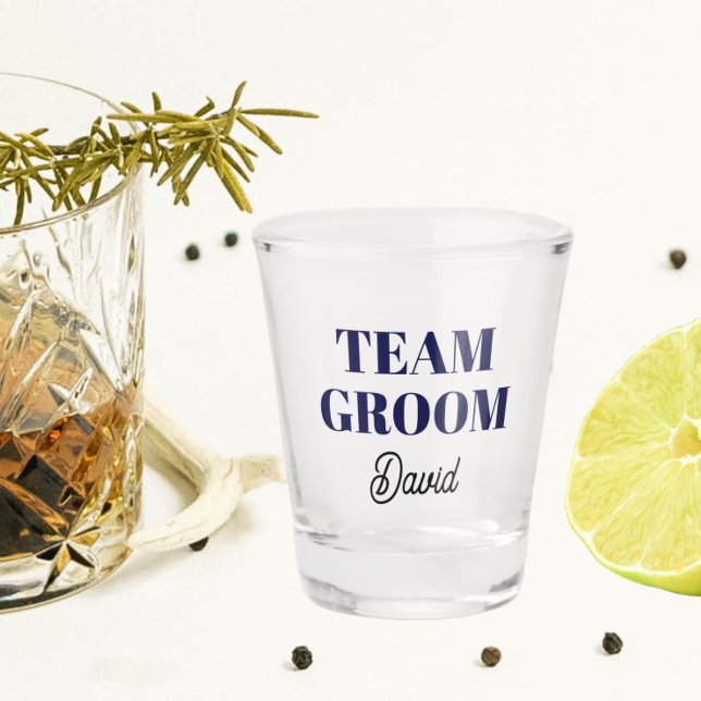 Navy Blue Wedding Team Groom Personalised Shot Glass (In Situ)