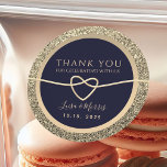 Navy Blue Wedding Thank You Classic Round Sticker<br><div class="desc">Elevate your thank-you notes with our simple yet elegant luxury stickers. Featuring a stunning glam glitter design in gold and navy blue,  these stickers showcase a romantic rope heart,  perfect for expressing your gratitude in style. Ideal for wedding favours,  they add a touch of sophistication to your special day!</div>