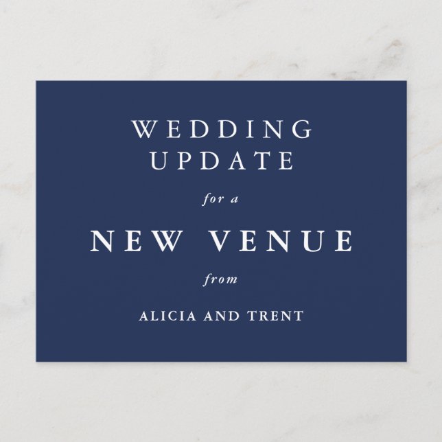 Navy Blue Wedding Venue Change Update Card (Front)