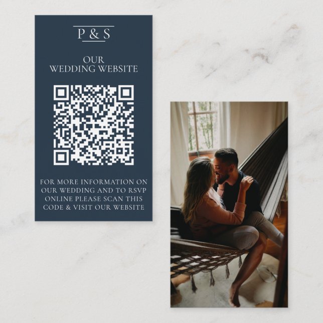 Navy Blue Wedding Website QR Code Photo Rsvp Enclosure Card (Front/Back)